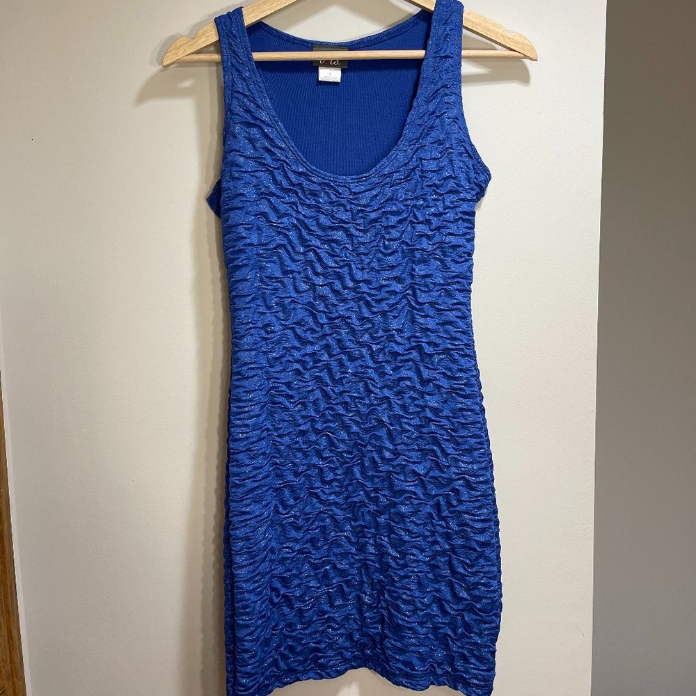 DOTS | BLUE AND SILVER METALLIC RUCHED BODYCON DRESS | SIZE S